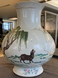 An impressive large relief-molded Chinese famille rose 'Twelve zodiac animals' vase, Qianlong mark, 19th C.