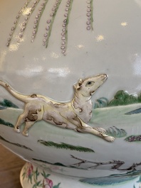 An impressive large relief-molded Chinese famille rose 'Twelve zodiac animals' vase, Qianlong mark, 19th C.
