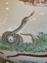 An impressive large relief-molded Chinese famille rose 'Twelve zodiac animals' vase, Qianlong mark, 19th C.