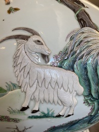 An impressive large relief-molded Chinese famille rose 'Twelve zodiac animals' vase, Qianlong mark, 19th C.