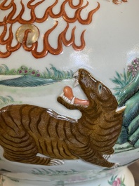 An impressive large relief-molded Chinese famille rose 'Twelve zodiac animals' vase, Qianlong mark, 19th C.
