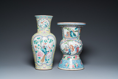 A Chinese famille rose yellow-ground 'phoenix' vase and a large spittoon, 19th C.