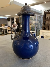 A Chinese monochrome blue-glazed kendi with silvered copper mounts, Qianlong