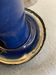 A Chinese monochrome blue-glazed kendi with silvered copper mounts, Qianlong