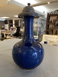 A Chinese monochrome blue-glazed kendi with silvered copper mounts, Qianlong