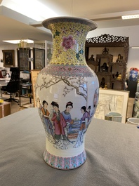 A Chinese famille rose 'ladies in the garden' vase, Qianlong mark, 20th C.