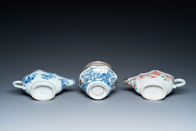 A Chinese blue and white covered ewer, a bowl and two sauceboats, Kangxi/Qianlong