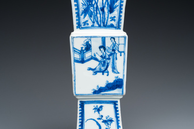 A Chinese blue and white square 'gu' vase with erotical scene on the base, Kangxi