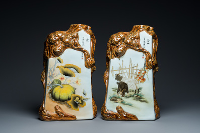 Two Chinese decorative faux bois ornaments, '1200 Years Jingdezheng', dated 2004