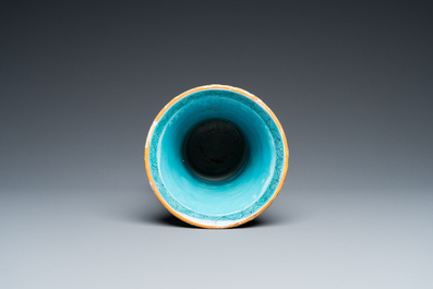 A Chinese blue and white 'gu' vase with European clobbered design, Kangxi