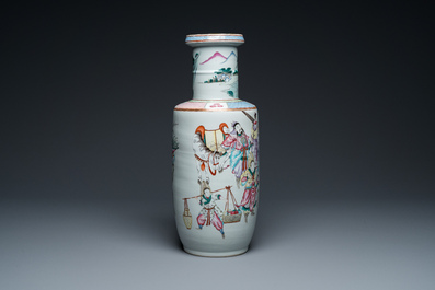 A fine Chinese famille rose rouleau vase with narrative scene, 19th C.