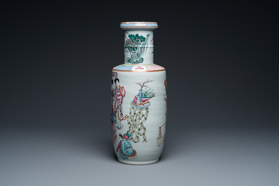 A fine Chinese famille rose rouleau vase with narrative scene, 19th C.