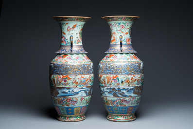 A pair of exceptional Chinese famille rose celadon-ground vases, 19th C.