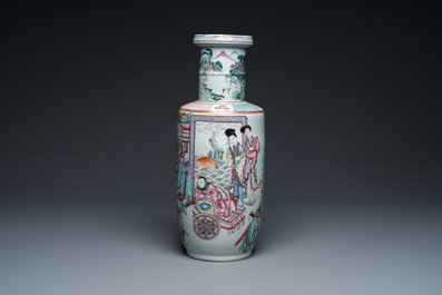A fine Chinese famille rose rouleau vase with narrative scene, 19th C.