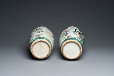 A pair of Chinese famille verte crackle-glazed vases, 19th C.