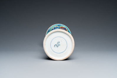 A Chinese blue and white 'gu' vase with European clobbered design, Kangxi