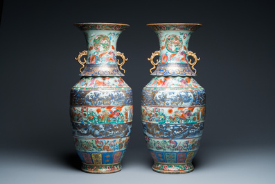 A pair of exceptional Chinese famille rose celadon-ground vases, 19th C.