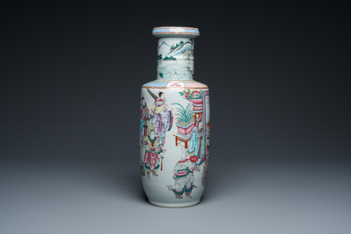 A fine Chinese famille rose rouleau vase with narrative scene, 19th C.