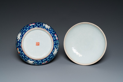 A Chinese famille rose blue-ground spice box and cover for the Straits or Peranakan market, 19th C.