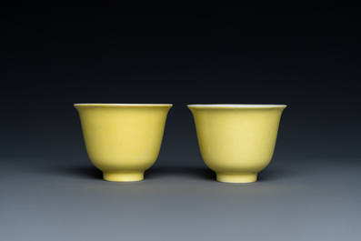 A pair of Chinese yellow-glazed wine cups, Guangxu mark, 20th C.