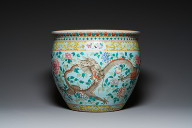 A large Chinese famille verte light blue-ground fish bowl, 19th C.