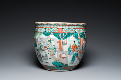 A Chinese famille verte 'silk production' fish bowl, 19th C.