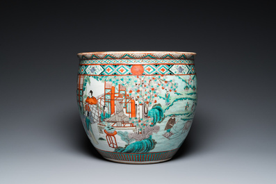 A Chinese famille verte 'silk production' fish bowl, 19th C.