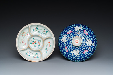 A Chinese famille rose blue-ground spice box and cover for the Straits or Peranakan market, 19th C.
