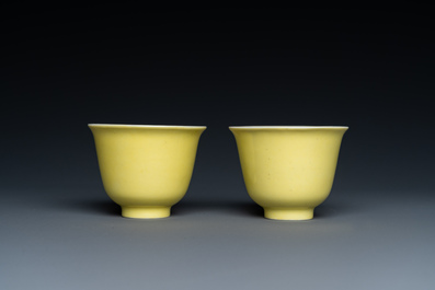A pair of Chinese yellow-glazed wine cups, Guangxu mark, 20th C.