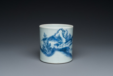 A Chinese blue and white 'landscape' brush pot, probably Kangxi