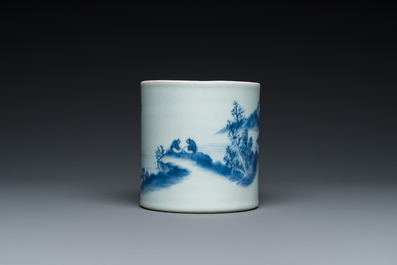 A Chinese blue and white 'landscape' brush pot, probably Kangxi