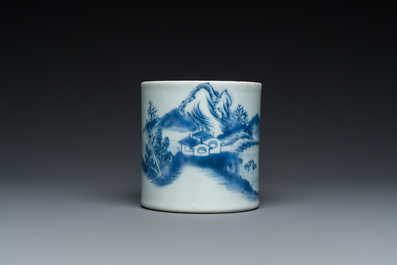 A Chinese blue and white 'landscape' brush pot, probably Kangxi