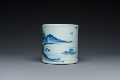 A Chinese blue and white 'landscape' brush pot, probably Kangxi
