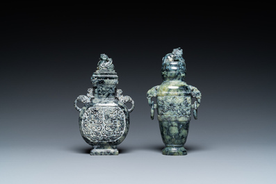 Two Chinese carved marble vases and covers, Qing