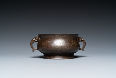 Br&ucirc;le-parfum en bronze incrust&eacute; d'argent au couvercle en bois, marque de Shi Shou 石叟, 19&egrave;me