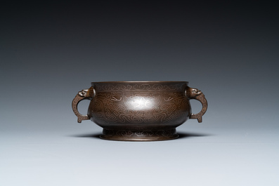 Br&ucirc;le-parfum en bronze incrust&eacute; d'argent au couvercle en bois, marque de Shi Shou 石叟, 19&egrave;me