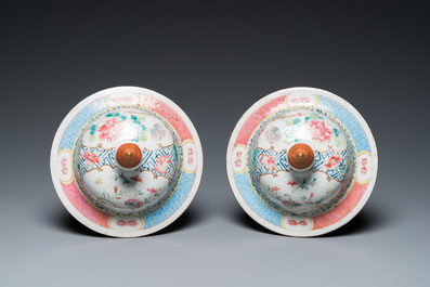 A pair of fine Chinese famille rose vases and covers, Qianlong mark, 19th C.