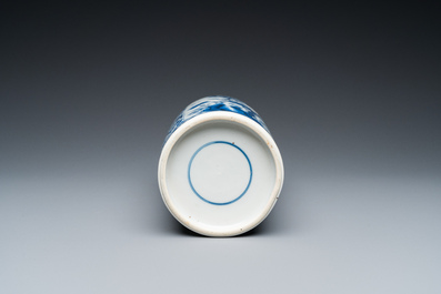 A Chinese blue and white rouleau vase with antiquities, Kangxi