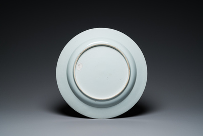 A large Chinese blue and white dish with a fine landscape, Qianlong