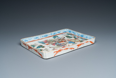 A Chinese famille rose tray with figures in a landscape, 19th C.