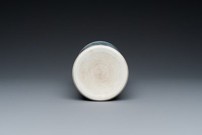 A Chinese blue and white 'lady and playing boys' brush pot, probably 19th C.