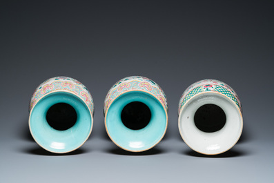 Three Chinese famille rose 'antiquities' vases, 19th C.