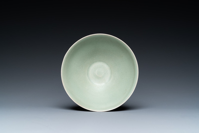 A Chinese Longquan celadon 'lotus' bowl and a dish, Song or later