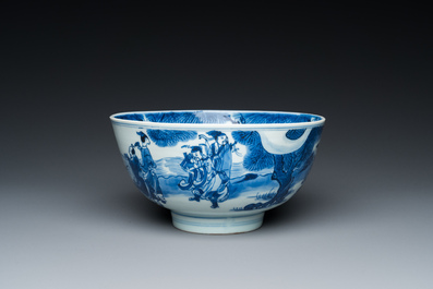 A Chinese blue and white 'immortals' bowl, Shen De Tang Bo Gu Zhi 慎德堂博古製 mark, Kangxi