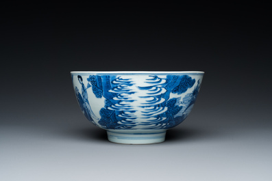 A Chinese blue and white 'immortals' bowl, Shen De Tang Bo Gu Zhi 慎德堂博古製 mark, Kangxi