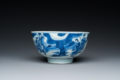 A Chinese blue and white 'immortals' bowl, Shen De Tang Bo Gu Zhi 慎德堂博古製 mark, Kangxi