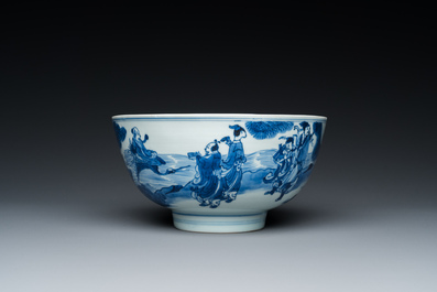 A Chinese blue and white 'immortals' bowl, Shen De Tang Bo Gu Zhi 慎德堂博古製 mark, Kangxi