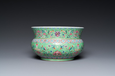 A Chinese lime-green-ground famille rose 'zhadou', Tongzhi mark but probably later