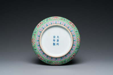 A Chinese lime-green-ground famille rose 'zhadou', Tongzhi mark but probably later