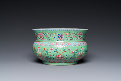 A Chinese lime-green-ground famille rose 'zhadou', Tongzhi mark but probably later